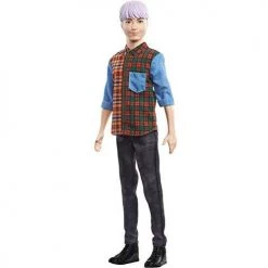 Barbie Ken Fashionistas Doll #154 With Sculpted Purple Hair Wearing A Color-Blocked Plaid Shirt, Black Denim Pants & Boots, Toy For Kids 3 To 8 Years Old