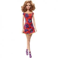 Barbie GBK92 Doll, Light Auburn Curly Brunette Wearing Red And Purple Floral Dress