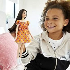 Barbie Fashionistas Doll #160 With Brunette Hair Polka Dot Off-The-Shoulder Dress, Toy For Kids 3 To 8 Years Old Mattel