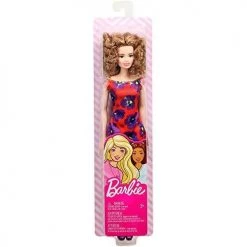 Barbie GBK92 Doll, Light Auburn Curly Brunette Wearing Red And Purple Floral Dress