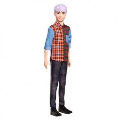 Barbie Ken Fashionistas Doll #154 With Sculpted Purple Hair Wearing A Color-Blocked Plaid Shirt, Black Denim Pants & Boots, Toy For Kids 3 To 8 Years Old