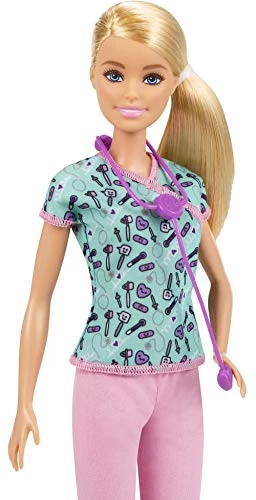 Barbie Nurse Blonde Doll (12-In/30.40-cm) With Scrubs Featuring A Medical Tool Print Top & Pink Pants, White Shoes & Stethoscopeaccessory, Great Gift For Ages 3 Years Old & Up 3 Barbie Nurse Blonde Doll (12-In/30.40-cm) With Scrubs Featuring A Medical Tool Print Top & Pink Pants, White Shoes & Stethoscopeaccessory, Great Gift For Ages 3 Years Old & Up