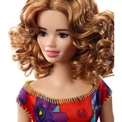 Barbie GBK92 Doll, Light Auburn Curly Brunette Wearing Red And Purple Floral Dress