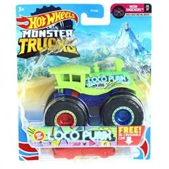 Mattel Hot Wheels Monster Trucks 2021 Neon Shockers Loco Punk 1:64 Scale Die-Cast Vehicle With Crushable Car