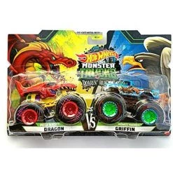 Metal Hot Wheels Monster Trucks Roarin Rumble 1:64 Scale Double Pack, Mega Wrex Dragon Vs Midwest Madness Griffin
