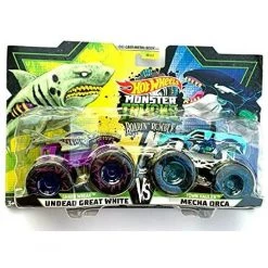 Metal Hot Wheels Monster Trucks Roarin Rumble 1:64 Scale Double Pack, Shark Wreak Undead Great White VS Town Hauler Mecha Orca