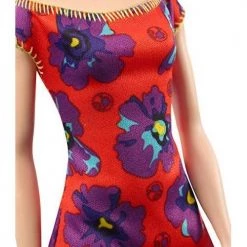 Barbie GBK92 Doll, Light Auburn Curly Brunette Wearing Red And Purple Floral Dress