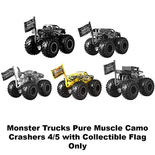 Hot Wheels Monster Trucks Pure Muscle Camo Crashers 4/5 With Collectible Flag Mattel 4 Hot Wheels Monster Trucks Pure Muscle Camo Crashers 4/5 With Collectible Flag Mattel