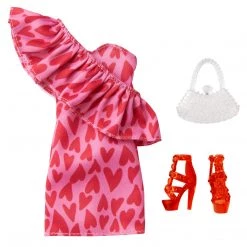 Mattel Barbie Doll Fashion Pack Pink Heart Print Dress, Red Shoes, Purse