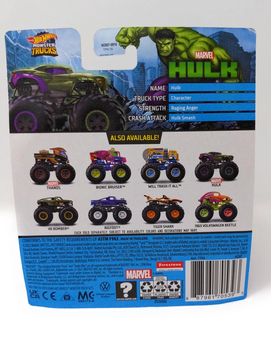 Hot Wheels Monster Trucks Marvel Hulk Die-Cast Metal Body With Re-Crushable Car 2 Hot Wheels Monster Trucks Marvel Hulk Die-Cast Metal Body With Re-Crushable Car