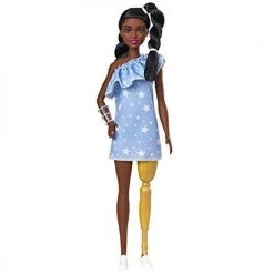 Toy Choo Choo Barbie Fashionistas Doll With 2 Twisted Braids & Prosthetic Leg Wearing Star-Print Dress, White Shoes & Arm Bracelet, Toy For Kids 3 To 8 Years Old