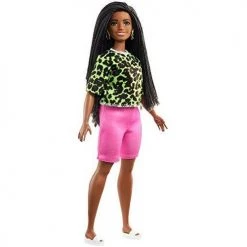 Toy Choo Choo Barbie Fashionistas Doll With Long Brunette Braids Wearing Neon Green Animal-Print Top, Pink Shorts, White Sandals & Earrings, Toy For Kids 3 To 8 Years Old