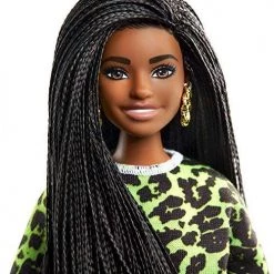 Toy Choo Choo Barbie Fashionistas Doll With Long Brunette Braids Wearing Neon Green Animal-Print Top, Pink Shorts, White Sandals & Earrings, Toy For Kids 3 To 8 Years Old