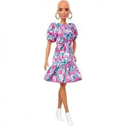 Toy Choo Choo Mattel Barbie Fashionistas Doll With No-Hair Look Wearing Pink Floral Dress, White Booties & Earrings, Toy For Kids 3 To 8 Years Old, Multi