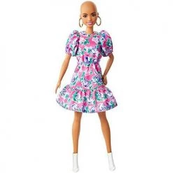 Toy Choo Choo Mattel Barbie Fashionistas Doll With No-Hair Look Wearing Pink Floral Dress, White Booties & Earrings, Toy For Kids 3 To 8 Years Old, Multi