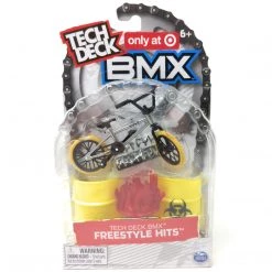 Tech Deck BMX Freestyle Hits Cult Silver And Black Finger Bike - Yellow Flaming Fire Barrel Obstacle Spin Master