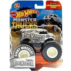 Hot Wheels Monster Trucks 2020 1:64 Scale Diecast Truck With Crushable Car Black And White 5/6 Ring Master