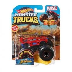 Toy Choo Choo Hot Wheels Monster Trucks Spider-Man Character Vehicle - Connect And Crash Car Included 30/50 1:64 - Red And Black Vehicle With Giant Wheels Mattel