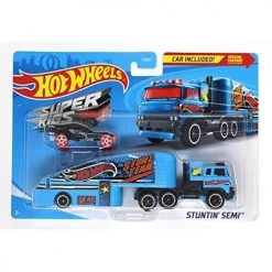 Toy Choo Choo Hot Wheels Super Rigs Stuntin' Semi With Detachable Ramp Trailer And Car - Blue Stunt Team